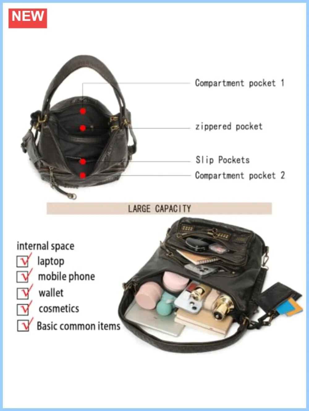 Vegan Leather Hobo Bag Y2K Shoulder Purse Crossbody